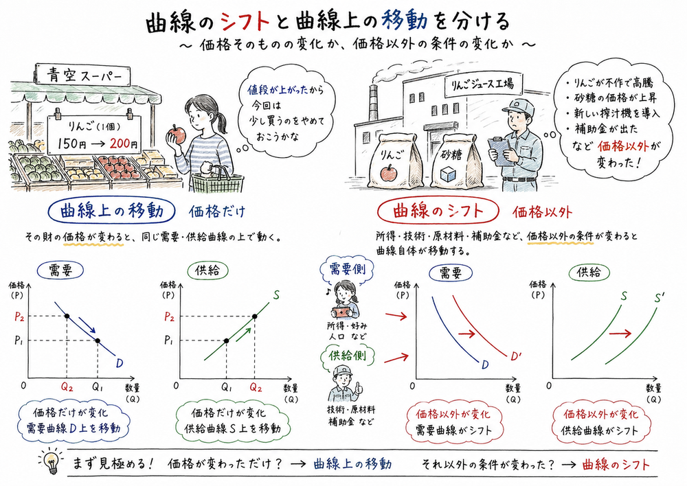 価格変化による曲線上の移動と価格以外の条件変化による曲線シフトを分ける図解