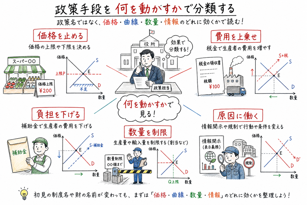 価格規制、課税、補助金、数量規制、情報開示を何に効くかで分類する図解