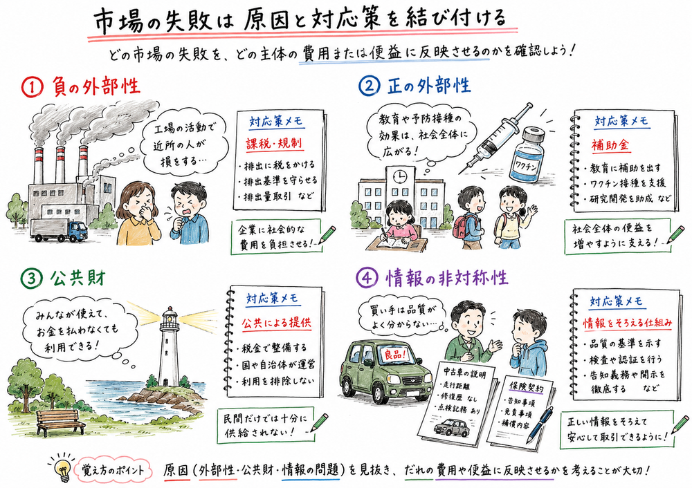 外部性、公共財、情報の非対称性と対応策を対応させる図解