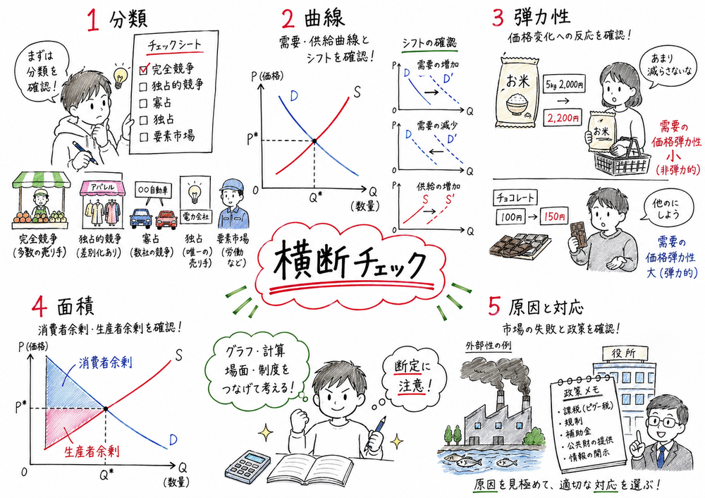 市場メカニズムの横断問題で曲線、弾力性、余剰の帰属、市場の失敗を順に確認する図解