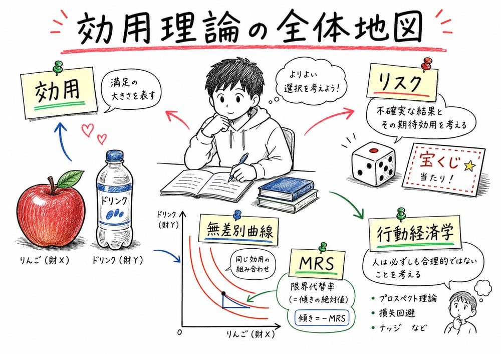 効用理論で無差別曲線、限界代替率、リスク、行動経済学を順に確認する全体地図