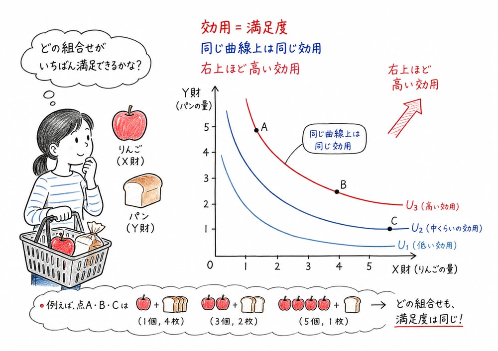 効用と無差別曲線の関係を、2財の組合せと同じ効用水準で示す図解