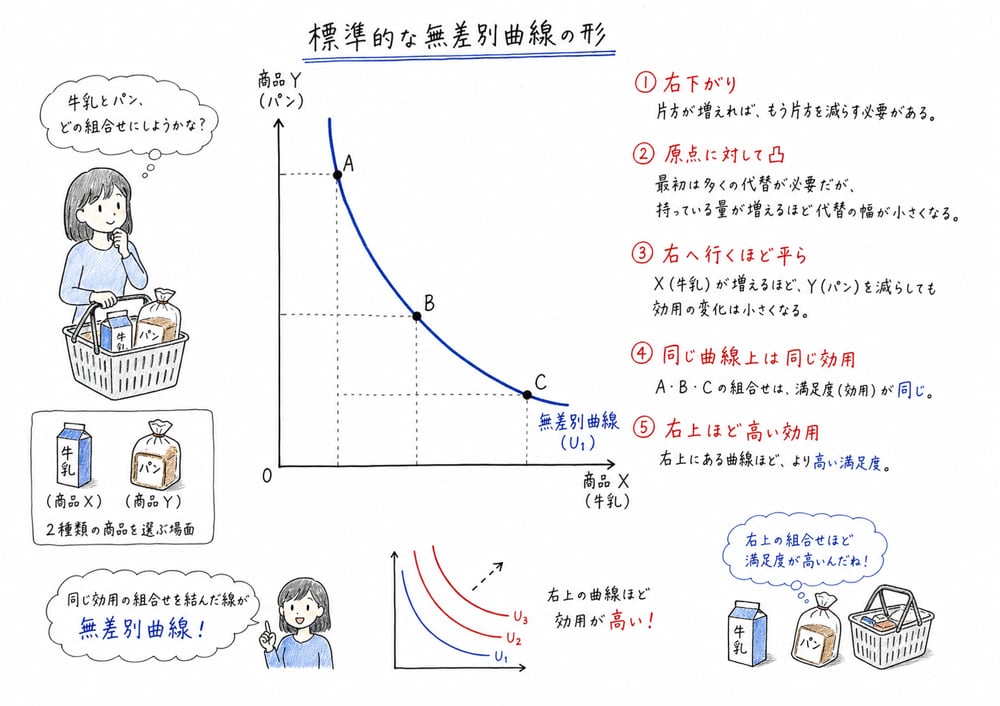 標準的な無差別曲線が右下がりで原点に対して凸になることを示す図解