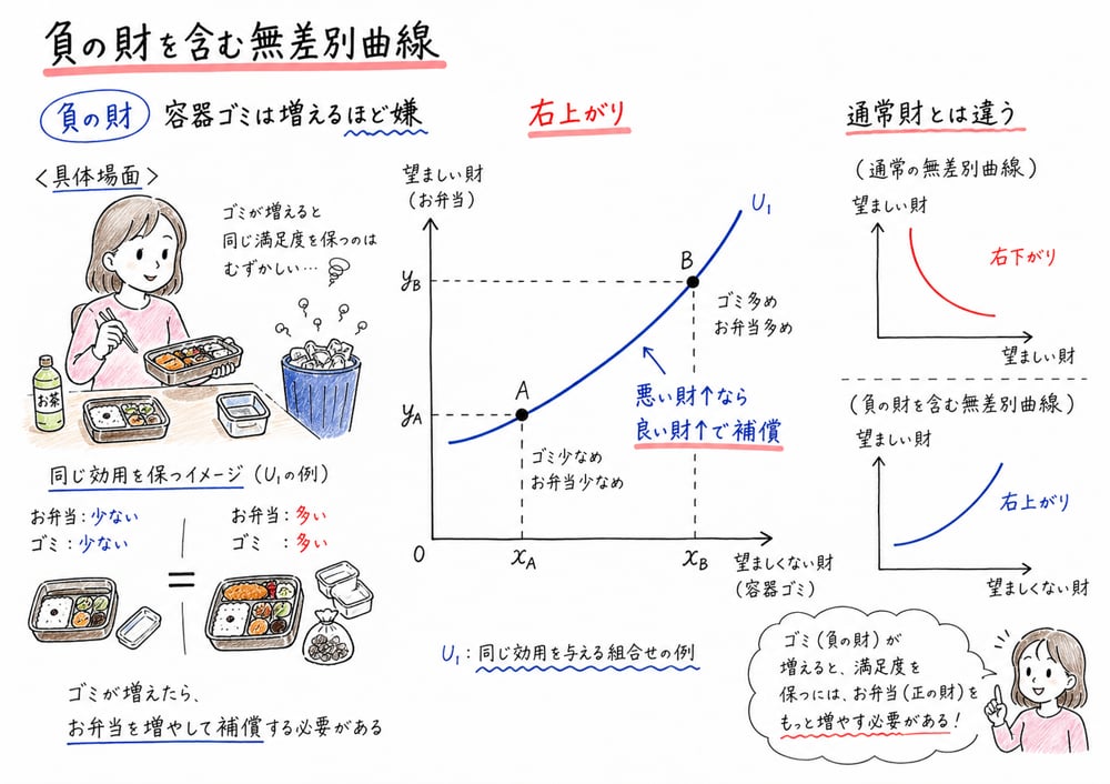 負の財が増えたとき良い財で補償するため右上がりになる無差別曲線の図解