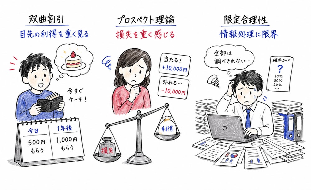 双曲割引、プロスペクト理論、限定合理性を具体場面で切り分ける図解