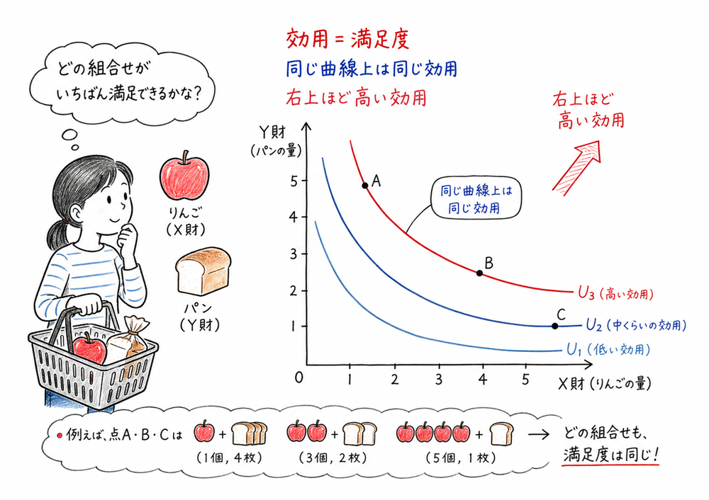 効用と無差別曲線の関係を、2財の組合せと同じ効用水準で示す図解