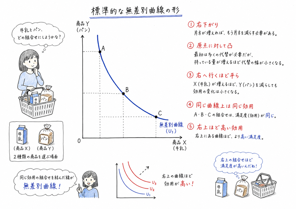 標準的な無差別曲線が右下がりで原点に対して凸になることを示す図解