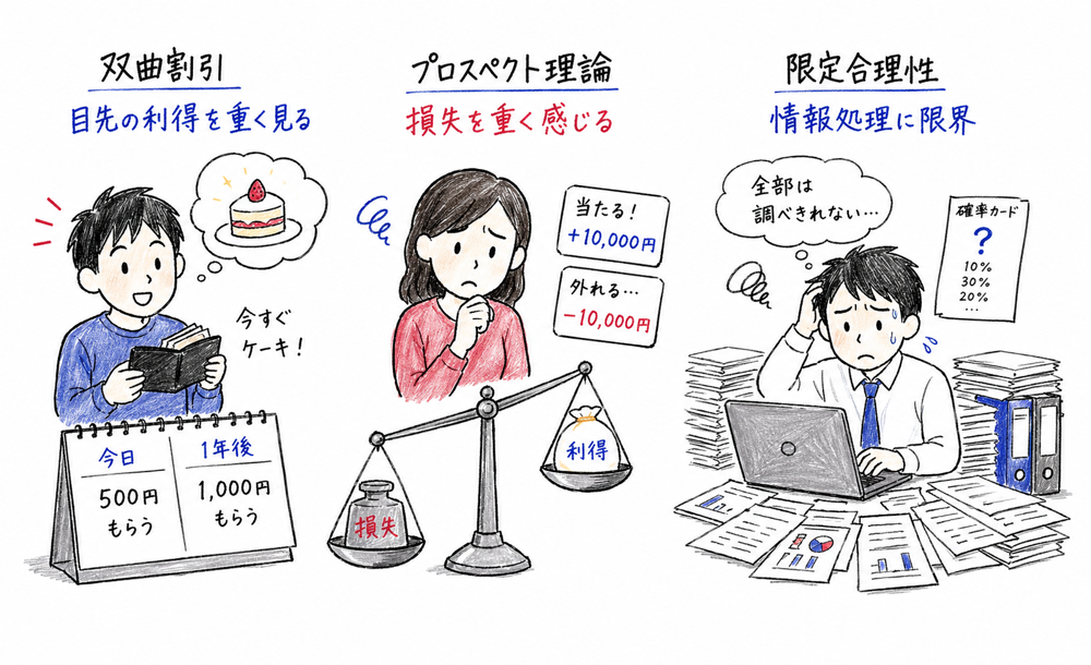 双曲割引、プロスペクト理論、限定合理性を具体場面で切り分ける図解