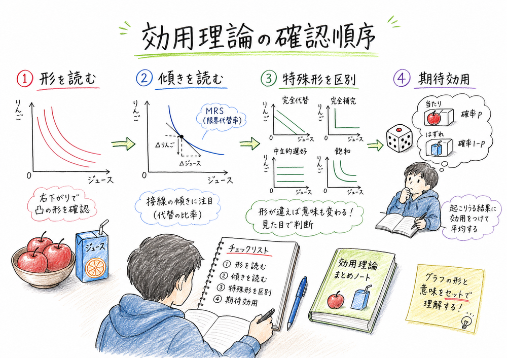 効用理論を図の形、傾き、特殊な財、リスクの順に確認するまとめ図
