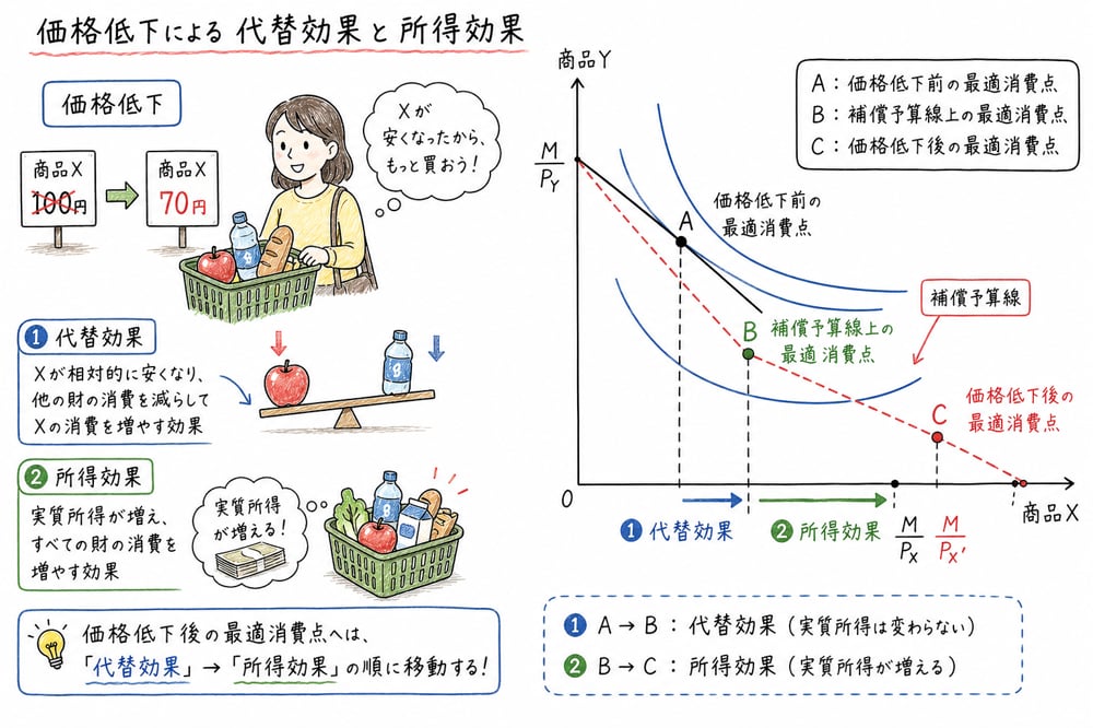 価格変化による代替効果と所得効果を分けて読む図解