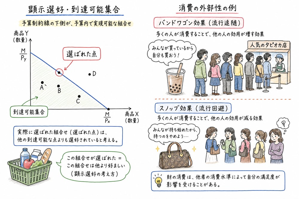 顕示選好の到達可能集合と消費の外部性を対比する図解