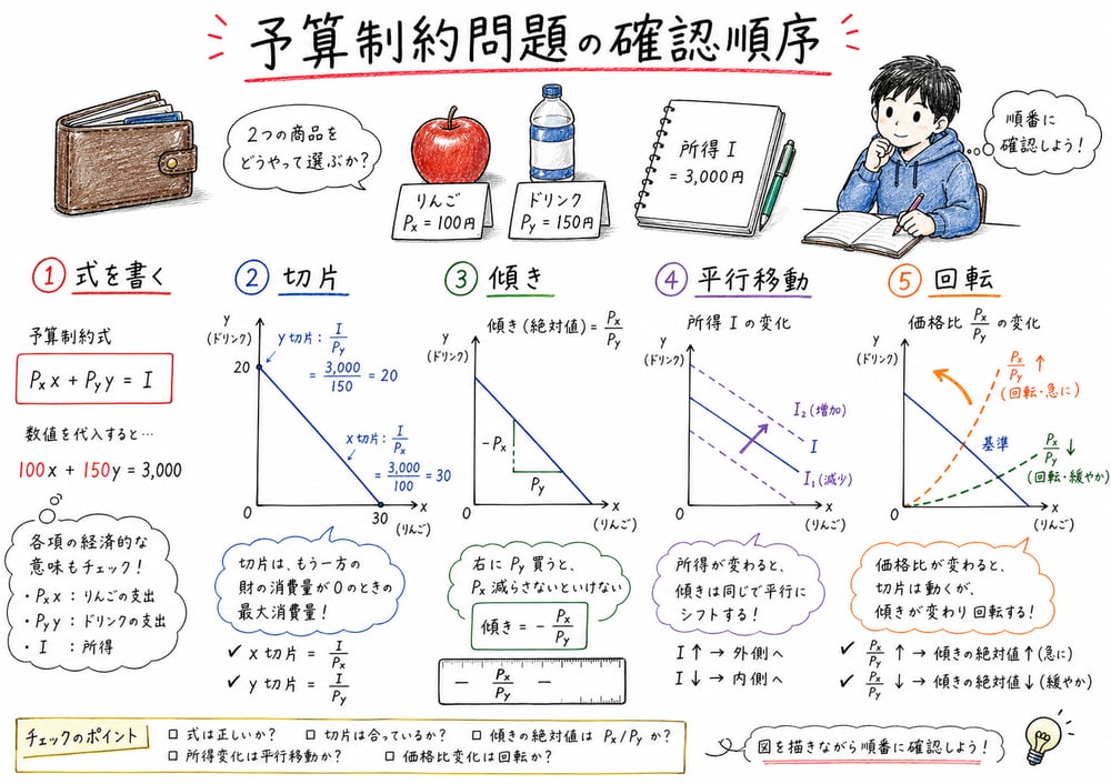 予算制約問題で式、切片、傾き、変化要因を順に確認するまとめ図