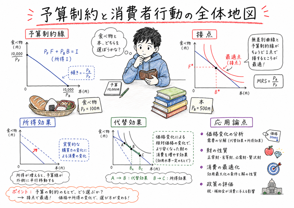 予算制約線、接点、所得効果、代替効果、労働余暇選択をつなげて見る図解
