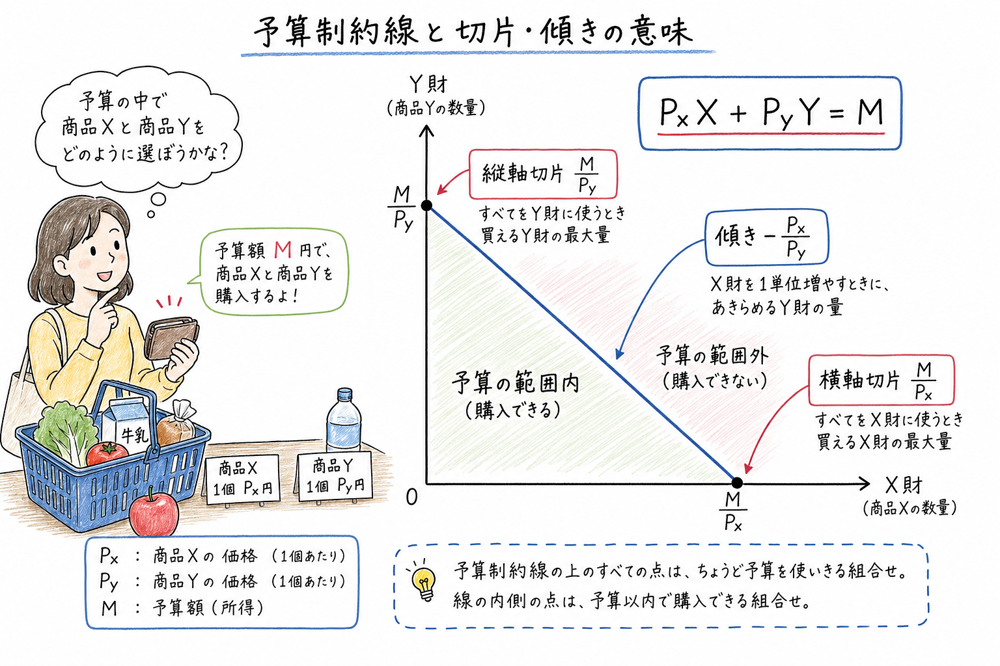 予算制約線の式、切片、傾きを買い物場面と図で対応させる図解