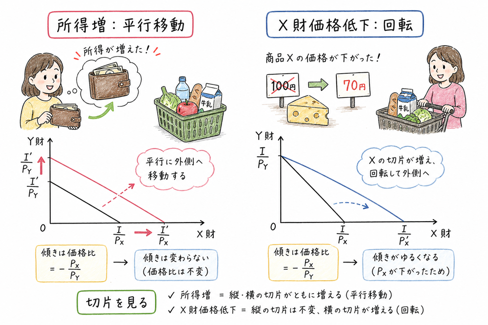 所得変化による平行移動と価格変化による回転を比べる図解
