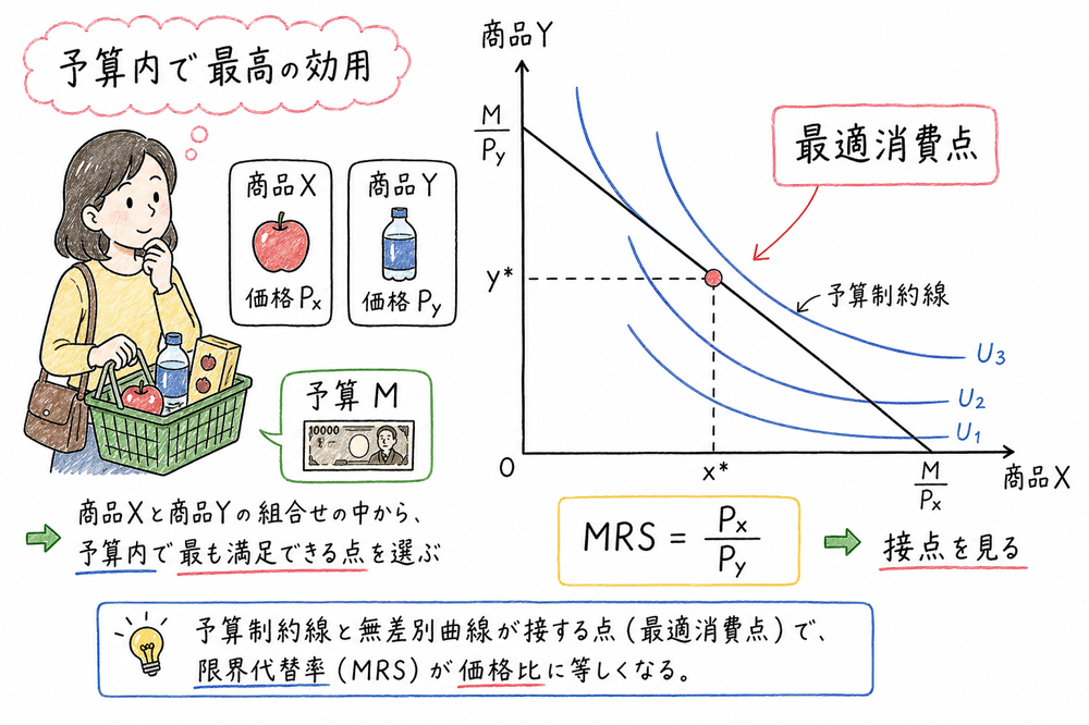 予算制約線と無差別曲線の接点として最適消費点を読む図解