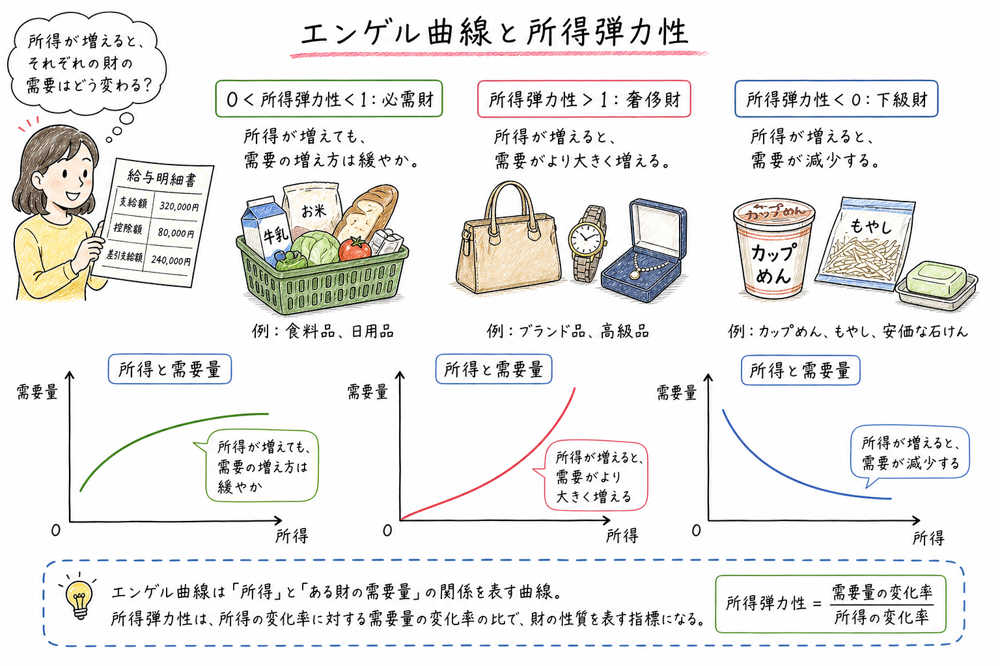 エンゲル曲線と所得弾力性で必需財、奢侈財、下級財を分ける図解