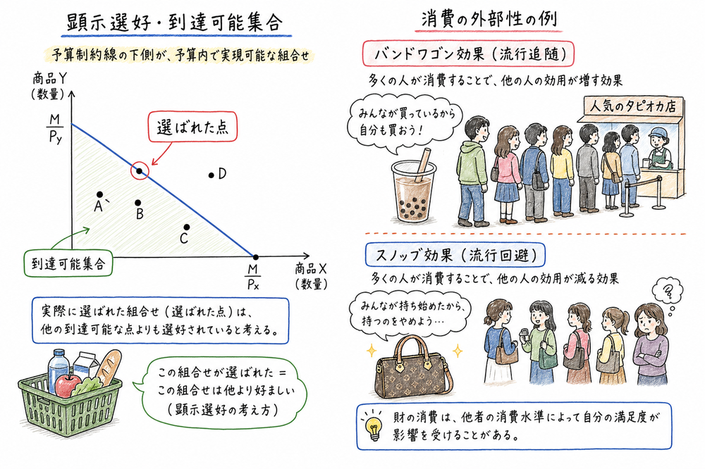顕示選好の到達可能集合と消費の外部性を対比する図解