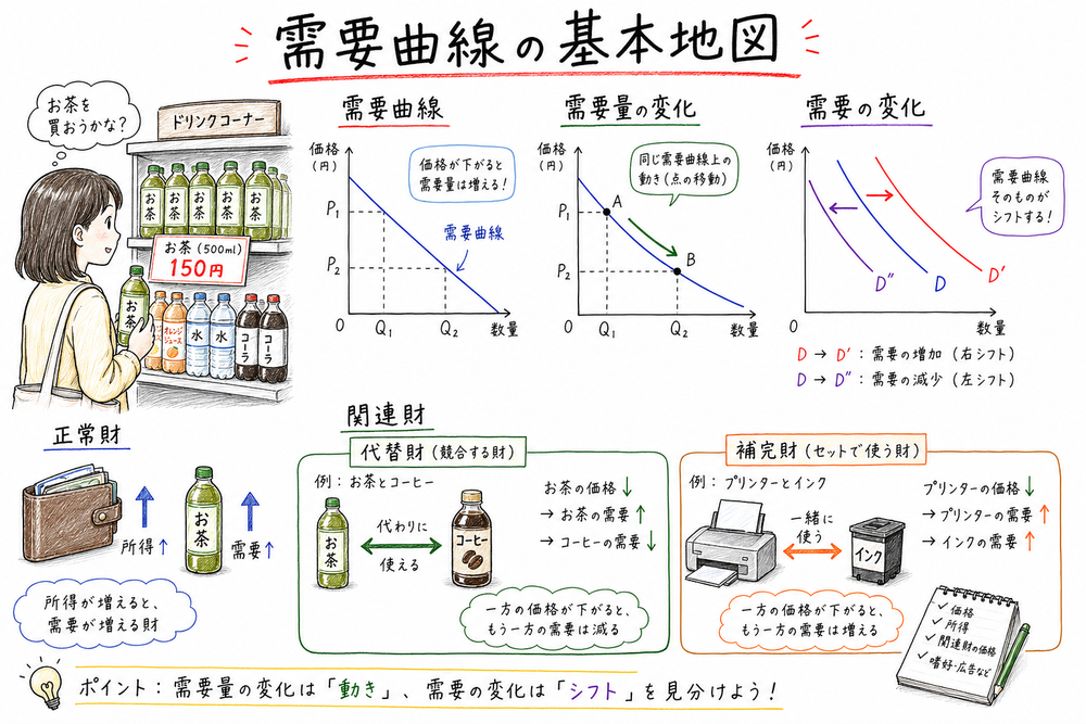 需要曲線で曲線上の移動と曲線シフトを区別する全体図