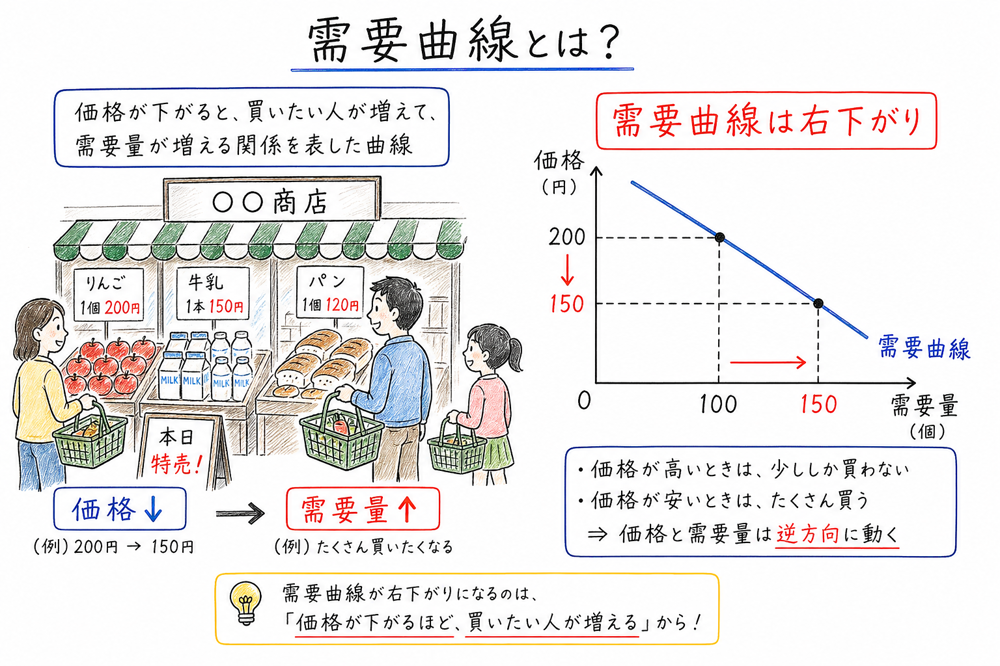 価格と需要量の関係として需要曲線が右下がりになることを示す図解