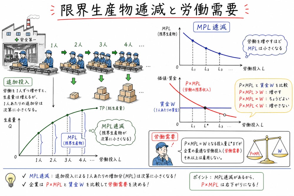 労働投入が増えると限界生産物が低下し、賃金と限界生産物価値で労働需要を読む図解