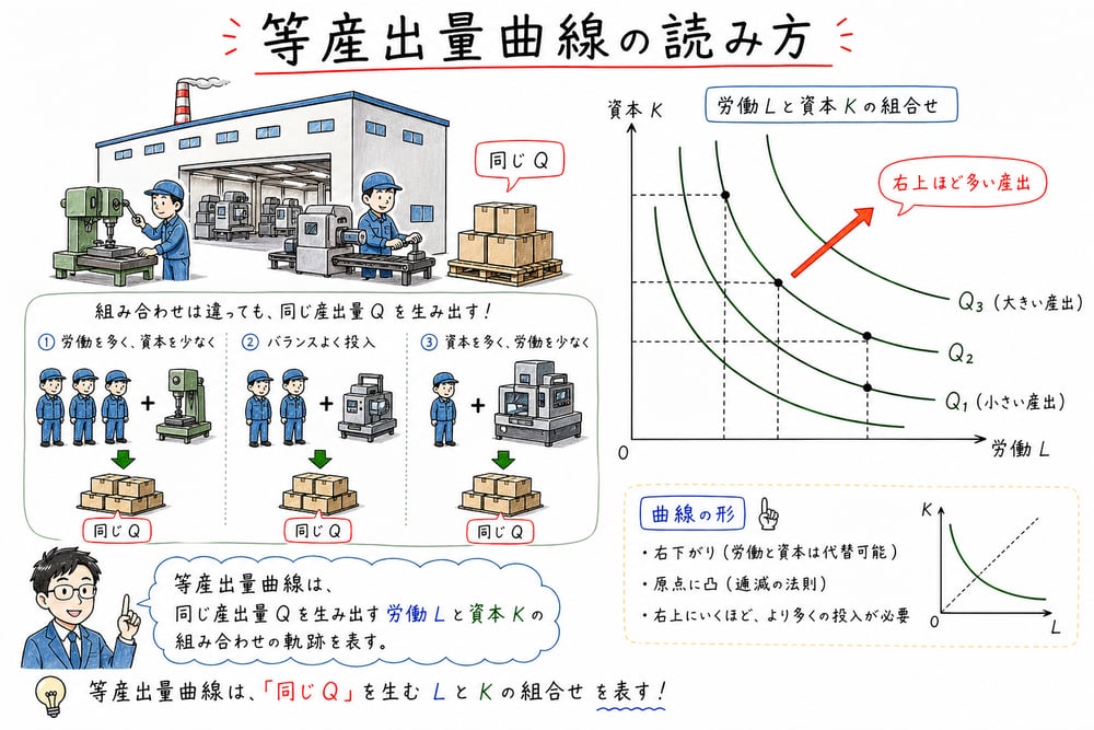 同じ産出量を生む労働と資本の組合せを等産出量曲線で示す図解