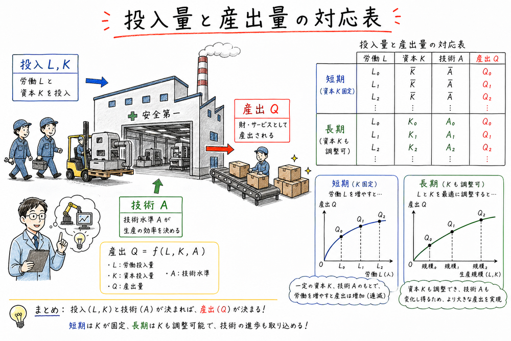 労働や資本の投入から産出量が決まる生産関数を対応表で示す図解