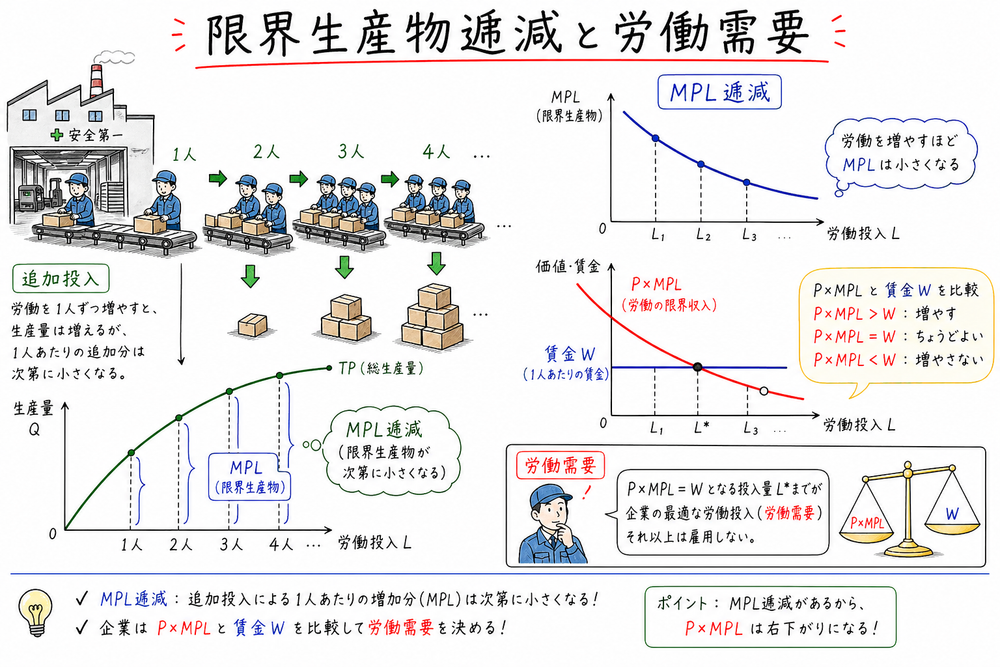 労働投入が増えると限界生産物が低下し、賃金と限界生産物価値で労働需要を読む図解