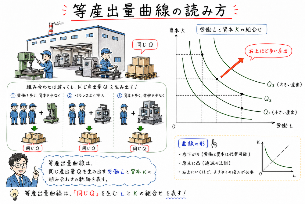 同じ産出量を生む労働と資本の組合せを等産出量曲線で示す図解