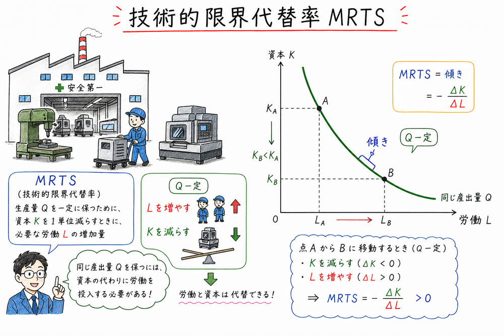 産出量を一定に保ちながら労働と資本を代替する技術的限界代替率を示す図解
