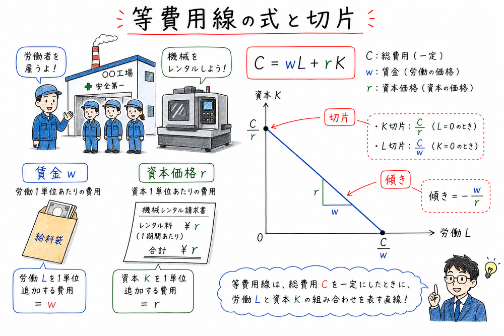 総費用のもとで労働と資本を購入できる組合せを等費用線として示す図解