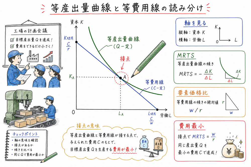 等産出量曲線と等費用線で軸、接点、傾きを順に確認する図解