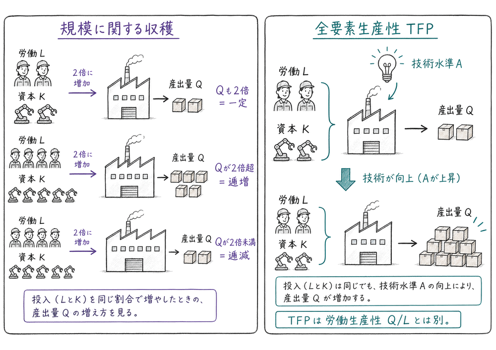 規模に関する収穫は投入を同率で増やしたときの産出増加で判定し、TFPは同じ投入でも技術水準で産出を増やすことを示す図解