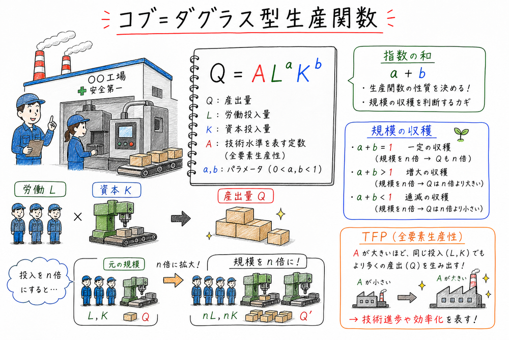 コブ=ダグラス型生産関数で指数の和と規模に関する収穫を読む図解