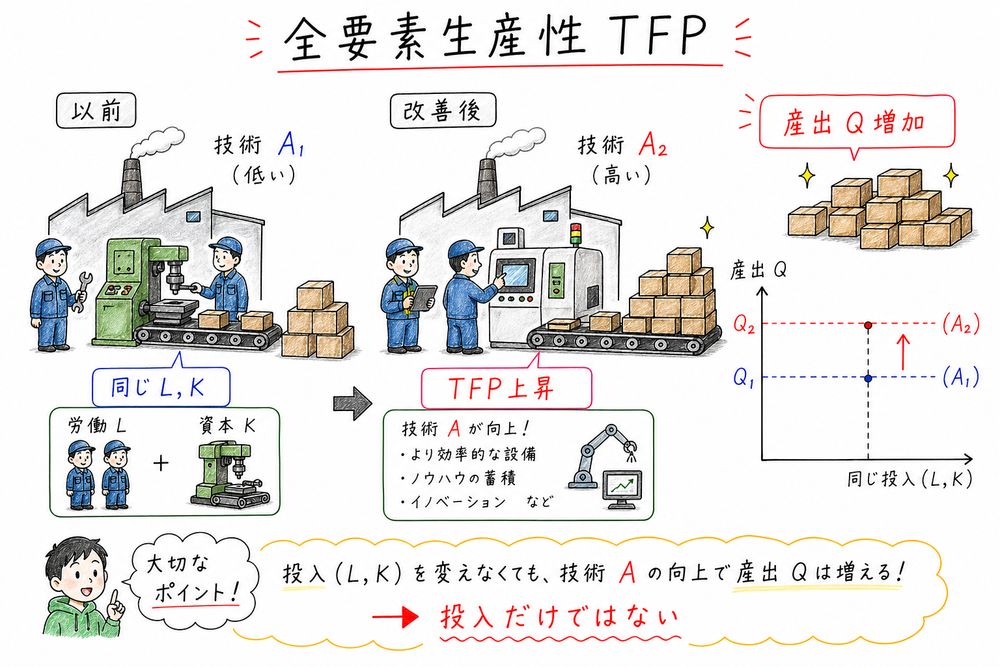 同じ労働と資本でも技術水準が上がると産出量が増える全要素生産性の図解