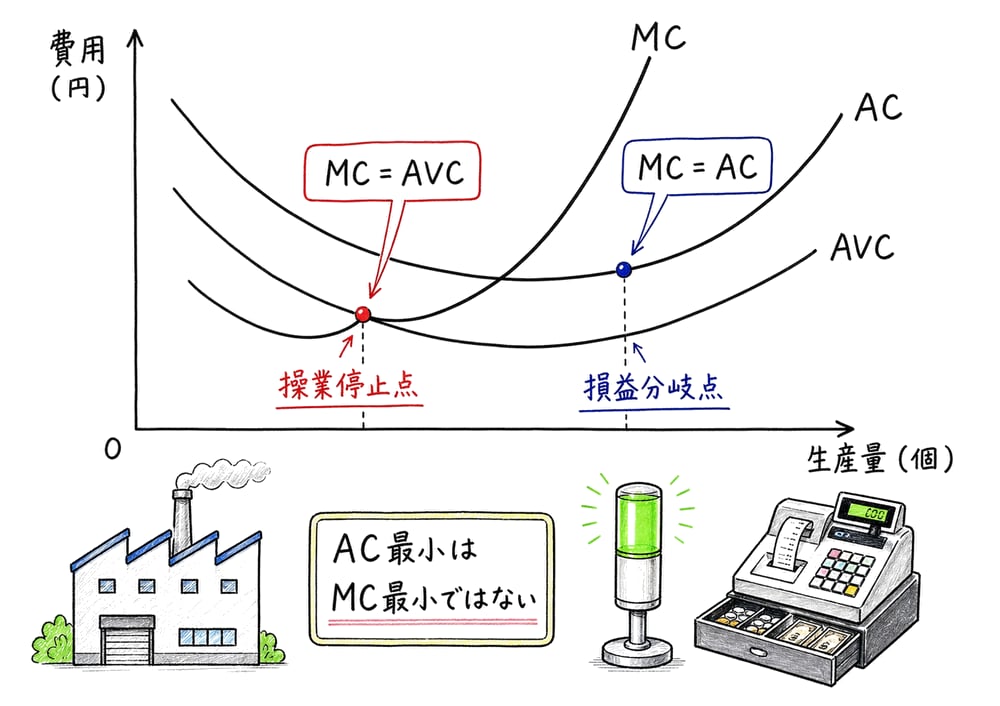 MCとAVC、MCとACの交点から操業停止点と損益分岐点を読み分ける図解