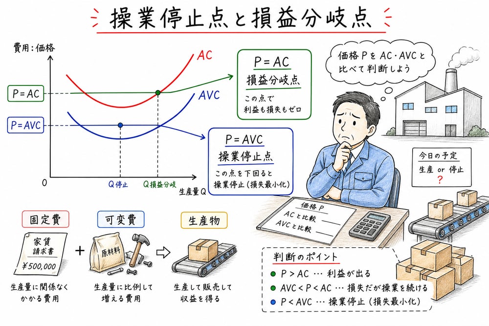 価格と平均費用、平均可変費用を比べて操業継続と停止を判断する図解