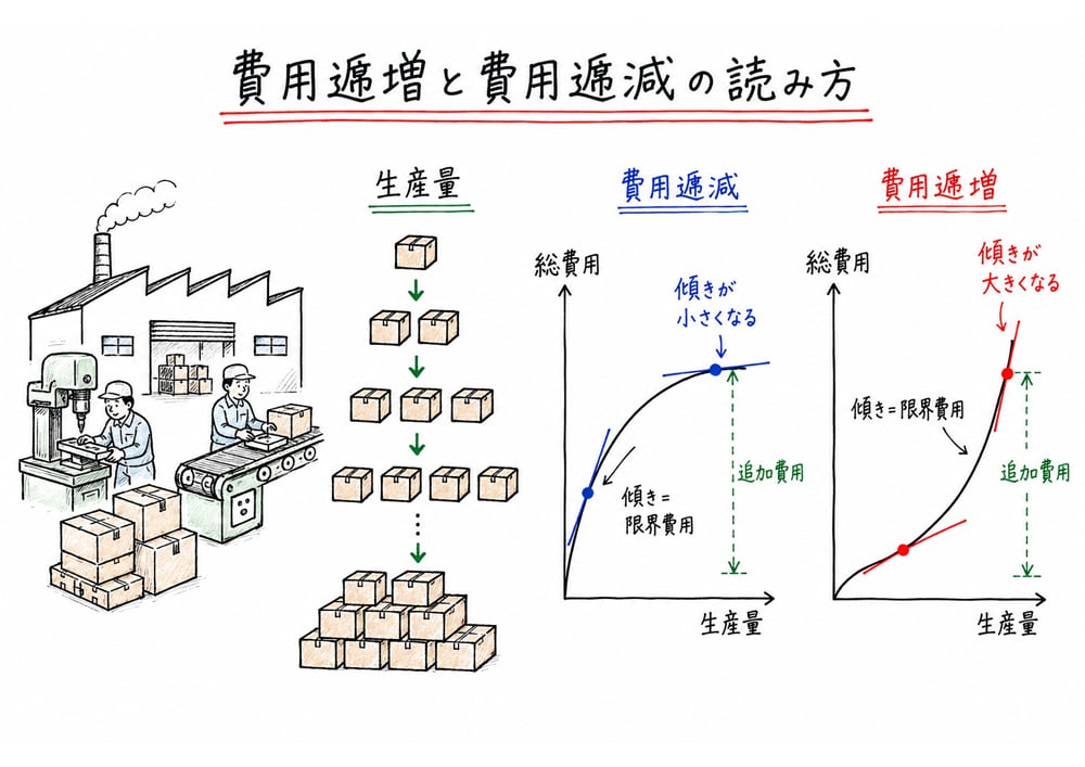 生産量が増えると追加費用が増える場合と減る場合を曲線の傾きで読む図解