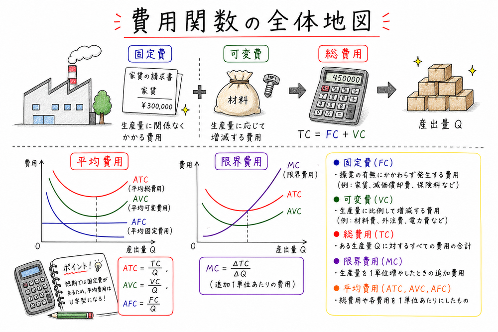 費用関数で固定費、可変費、平均費用、限界費用をつなげて見る図解