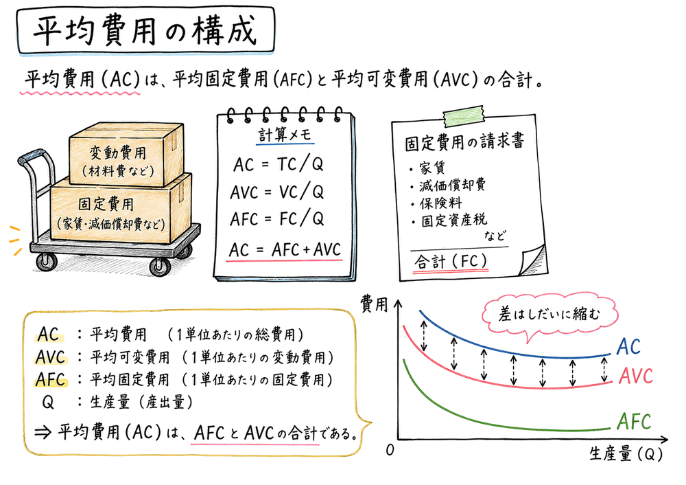 AC、AVC、AFCの式とACとAVCの差が生産量の増加で縮むことを示す図解