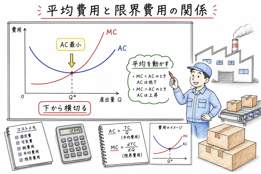 限界費用が平均費用を下から上へ横切るところで平均費用が最小になる図解