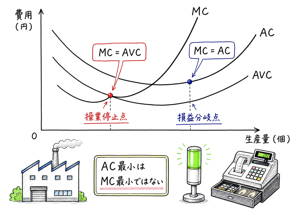 MCとAVC、MCとACの交点から操業停止点と損益分岐点を読み分ける図解