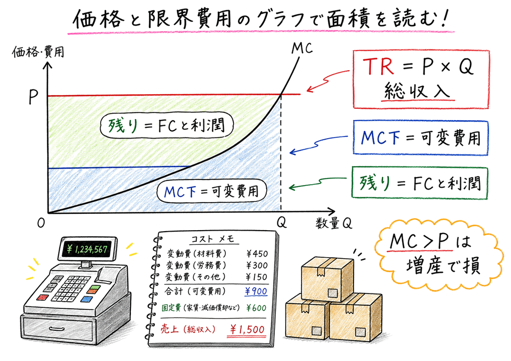 価格線と限界費用曲線の面積から総収入、可変費用、固定費用と利潤の原資を読む図解