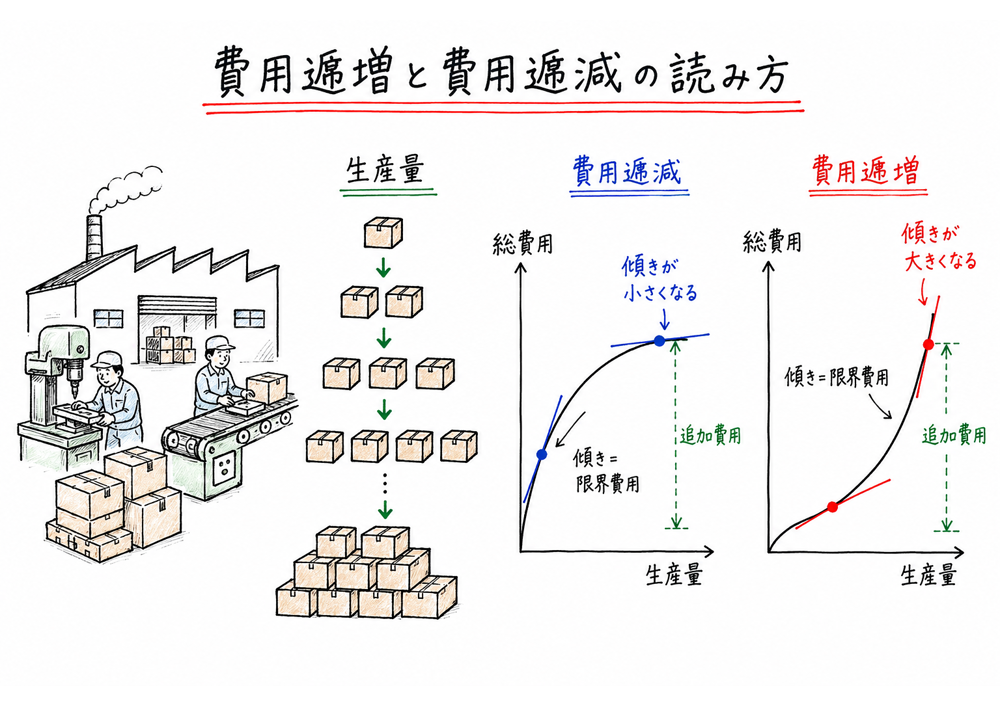 生産量が増えると追加費用が増える場合と減る場合を曲線の傾きで読む図解