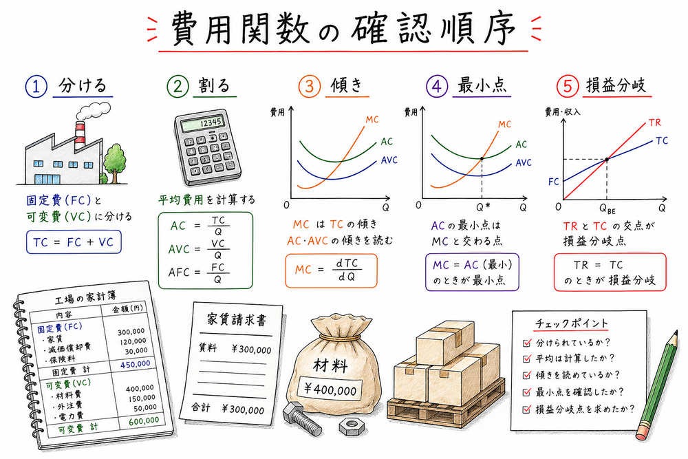 費用関数で固定費と可変費を分け、平均と限界を読み分けるまとめ図