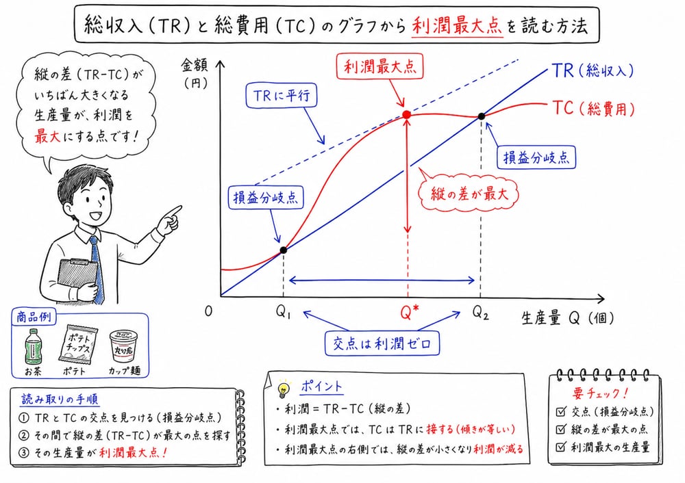 TR曲線とTC曲線から利潤最大点と損益分岐点を読む図解