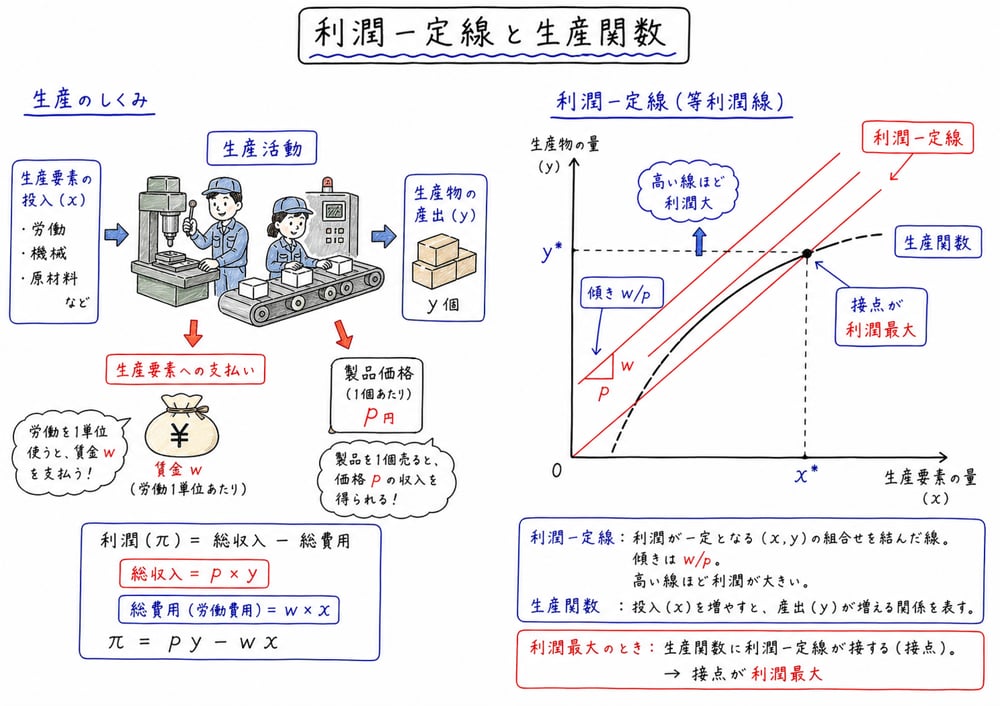 利潤一定線と生産関数の接点で利潤最大化を読む図解