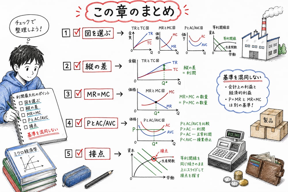 利潤最大化問題で図の種類、数量、操業継続を順に確認するまとめ図