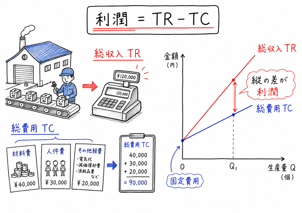 利潤を総収入と総費用の縦の差として読む図解