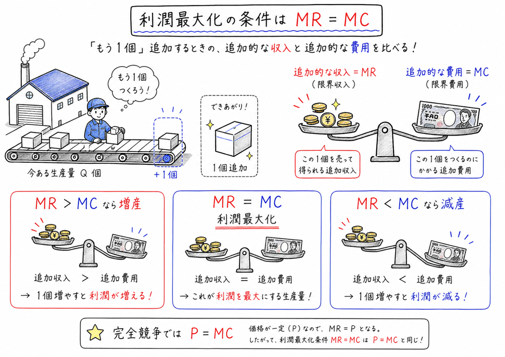 MRとMCを比べて利潤最大化条件を判断する図解